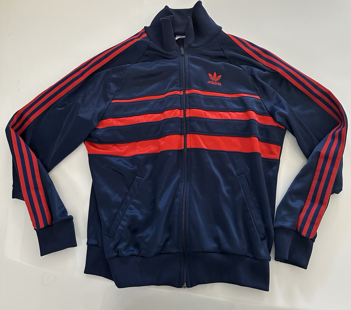 VTG 80s Adidas Satin Tracksuit Jacket Size Large Navy Blue