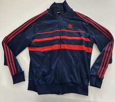 VTG 80s Adidas Satin Tracksuit Jacket Size Large Navy Blue Red Made In USA EEUC 