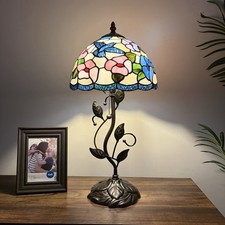 Tiffany Style Table Lamp Blue Pink Stained Glass Hummingbird Flowers 10"W 20"H
