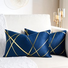Navy Blue Decorative Pillow Covers Gold Velvet Throw Pillows 12x20 Set of 2 M...