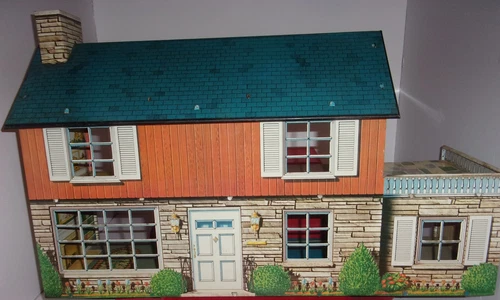 Marx tin litho dollhouse 2 story Colonial style & patio vintage 1950's GUC