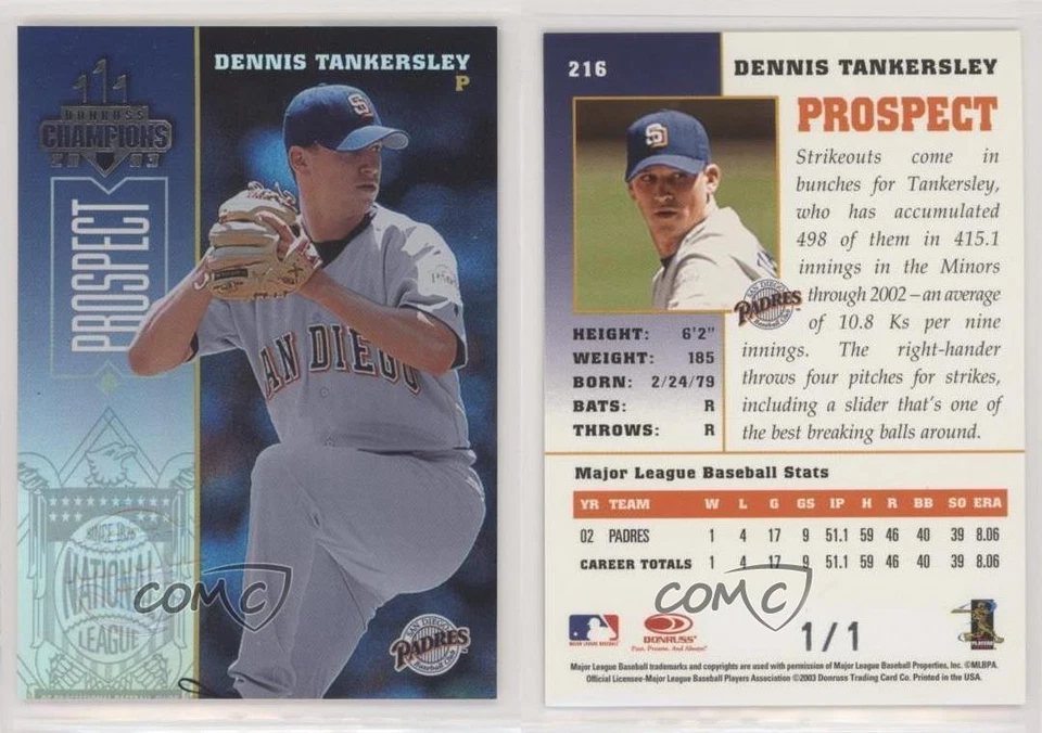 2003 Donruss Champions 1/1 Dennis Tankersley #216 1f1 - Image 3 of 3