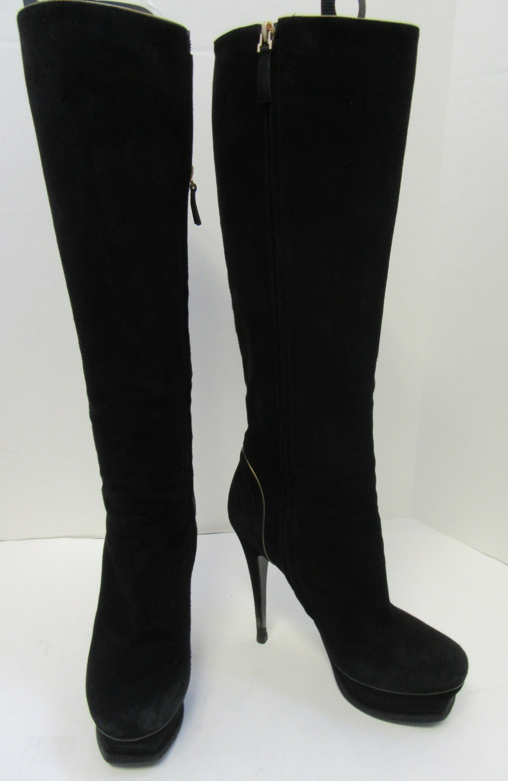 Stivali Yves Saint Laurent neri pelle scamosciata plateau tacco con dettaglio oro taglia 38 5