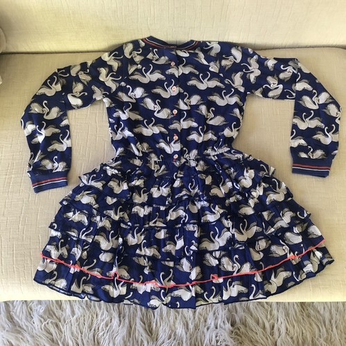 Pink Piped Royal Blue White Swan Print Rayon MIM-PI L/S Dress 10y 140 NWT - Picture 6 of 10