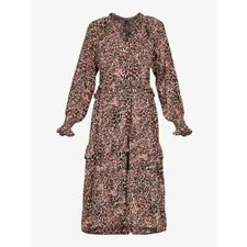 Scoop Dress Women's Size S Leopard Print Tiered Midi with Long Sleeves --D5--
