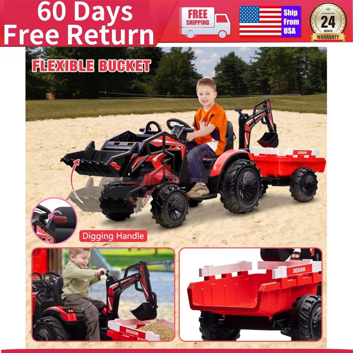 Ride on Tractor Excavator Bulldozer 24V Electric Vehicles LED Lights Music & USB