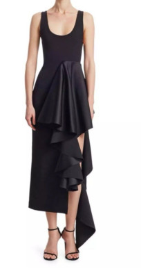 Solace London Naya Black Scoop Neck Satin Side Asymmetrical Ruffle Dress Sz 2
