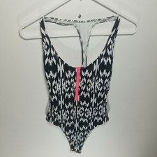 Victoria's Secret One Piece Swimsuit Front Zip Cheeky Black White Printed Size M