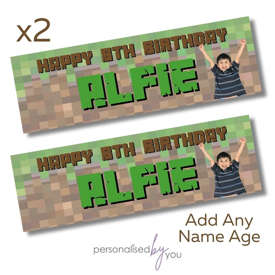 2x Personalised Photo MINE GAMING Blocks Happy Birthday Banner LARGE Poster
