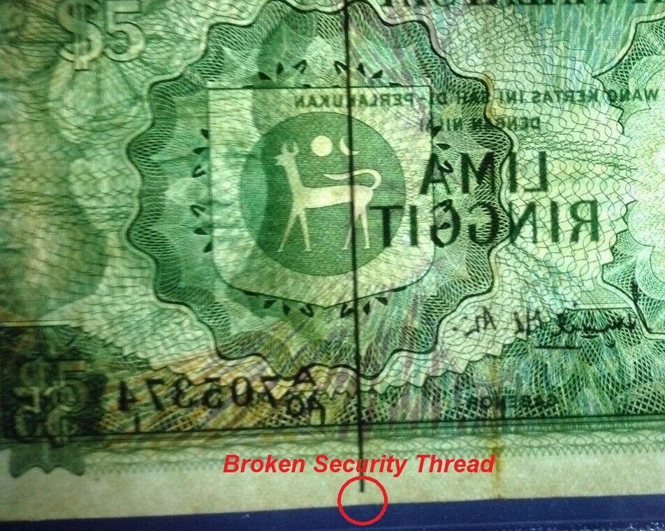 MALAYSIA  RM5 1st Series BROKEN SECURITY THREAD  A40_705374 GRADED 35 - Image 2 of 4