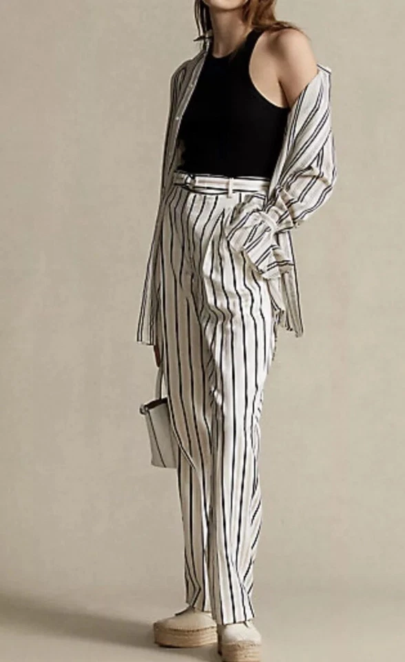 Nuevo con etiquetas Polo Ralph Lauren Mujer Cinturón Satén Pantalón Talla 4 Pantalones Crema/Multi Rayas Foto 2 de 4