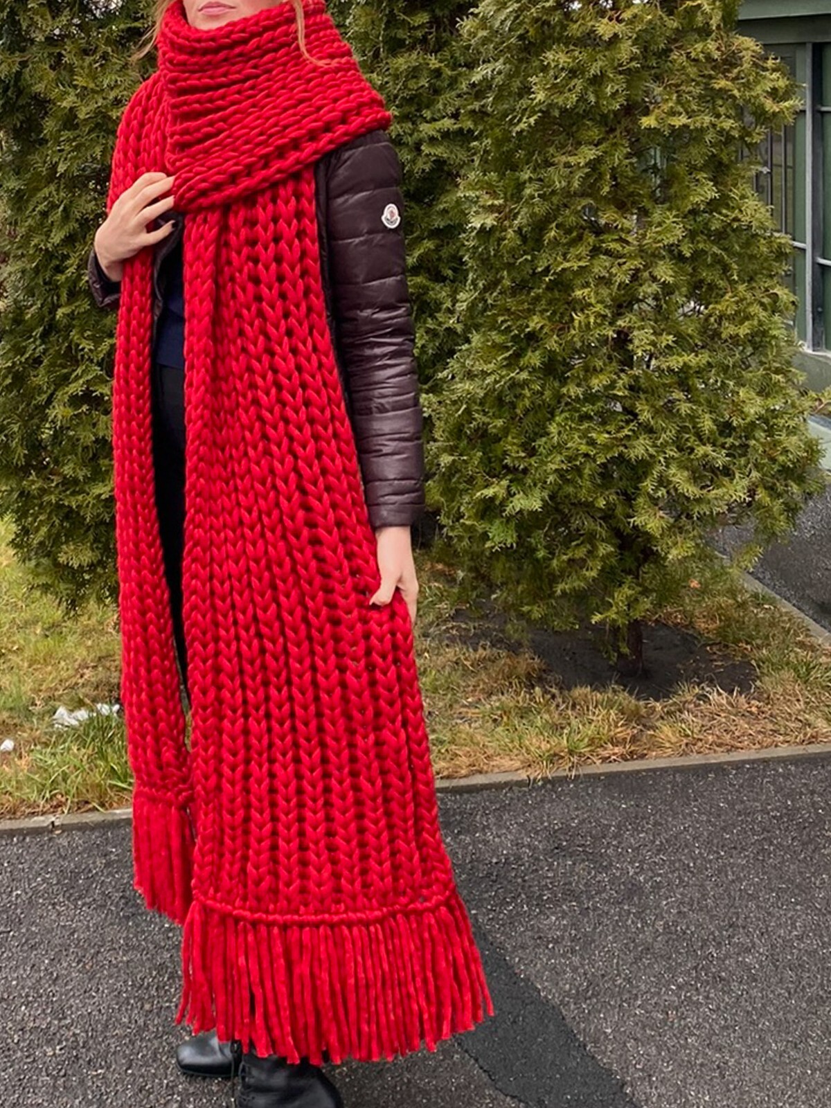 Chunky wool hand knit scarf - Oversized extra long wide fringed blanket ...