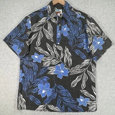 Vintage Paradise Found Hawaiian Shirt Mens M Black Floral Henley USA Aloha