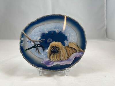 Artist Signed Oil Painting on Natural Blue Agate Crystal Slice 