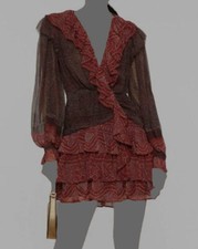 $695 Ulla Johnson Women's Red Silk Sara Puff-Sleeve Ruffle Mini Dress Size 2