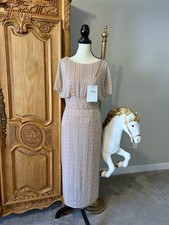 NWT Mac Duggal 93649 Blush Pink Cap Sleeve Beaded Empire Waist Midi Dress Beige