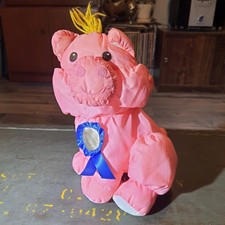 Vintage Pink Pig Puffalump Plush 1993 Fisher Price Barnyard Animal Blue Ribbon