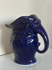 Blue Ceramic Pitcher Vase Jug Vintage Elephant 9 1/2 Inches Tall Hand Painted