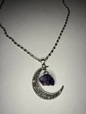 Silver Plated Pendant And Chain with Purple Amethyst Crescent Moon 
