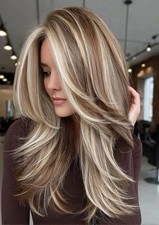 Human Hair New Fashion Layered Long Natural Golden Brown Wavy Women's Wigs 20in