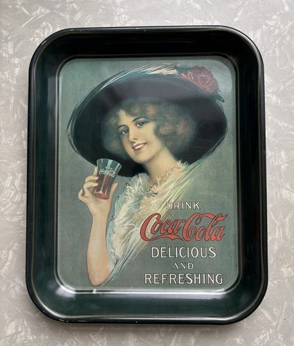 Vintage DRINK COCA COLA Metal Serving Tray 1972 Advertising Soda Tin 1912 Repro