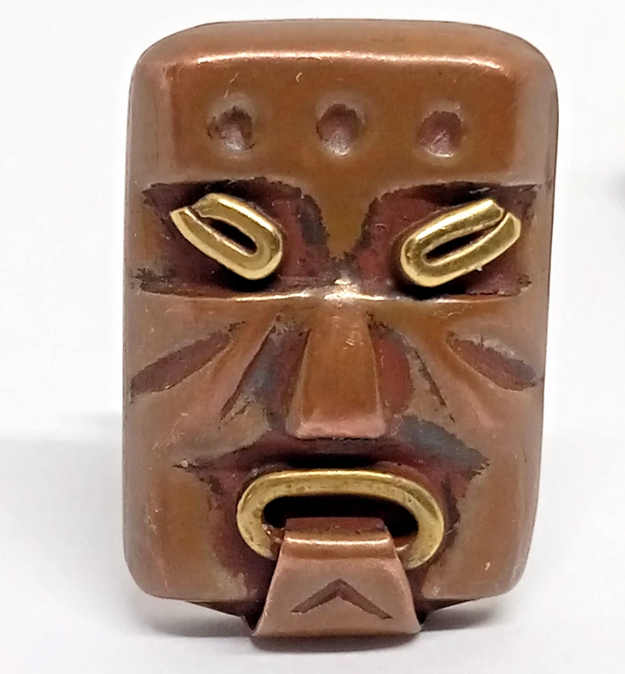 Gemelos Tiki/Tribal vintage de cobre y latón sin marca Foto 3 de 4