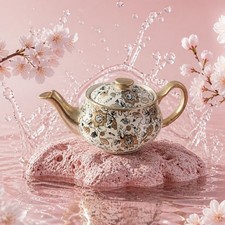 Asian-Style Floral Chintz Tea Set with Wire Caddy