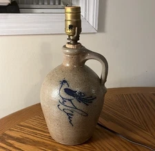 VTG Rockdale Union Stoneware Jug Lamp 1985 Gray with Blue Bird Design EUC