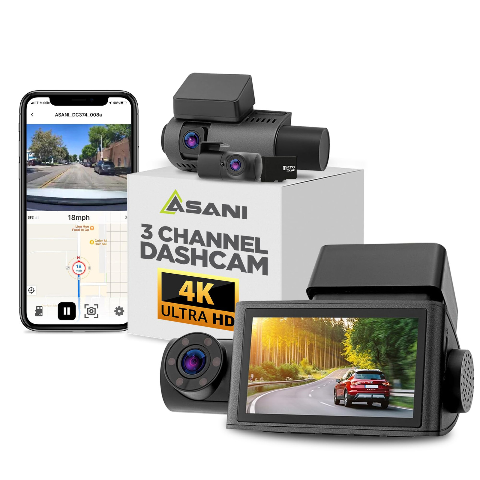 3-Channel 4K Car Dash Cam with Front, Rear, Cabin Recording and LCD Screen