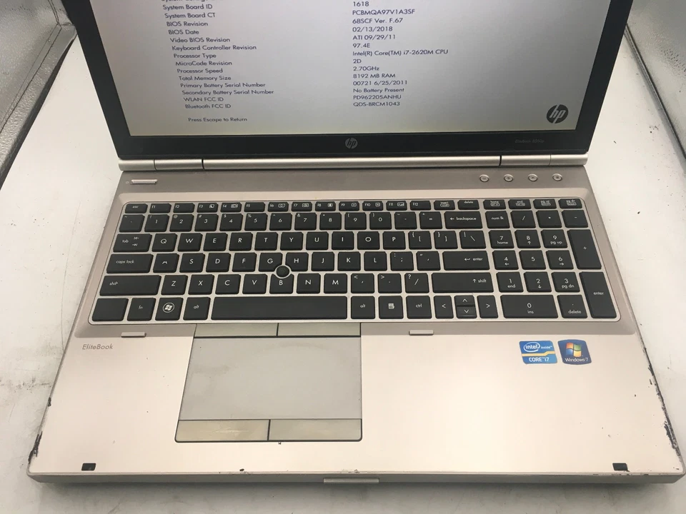 HP ELITEBOOK 8560P - BOOTS TO BIOS - INTEL I7 2620M - 8GB RAM - READ DESC - BB - Image 3 of 4