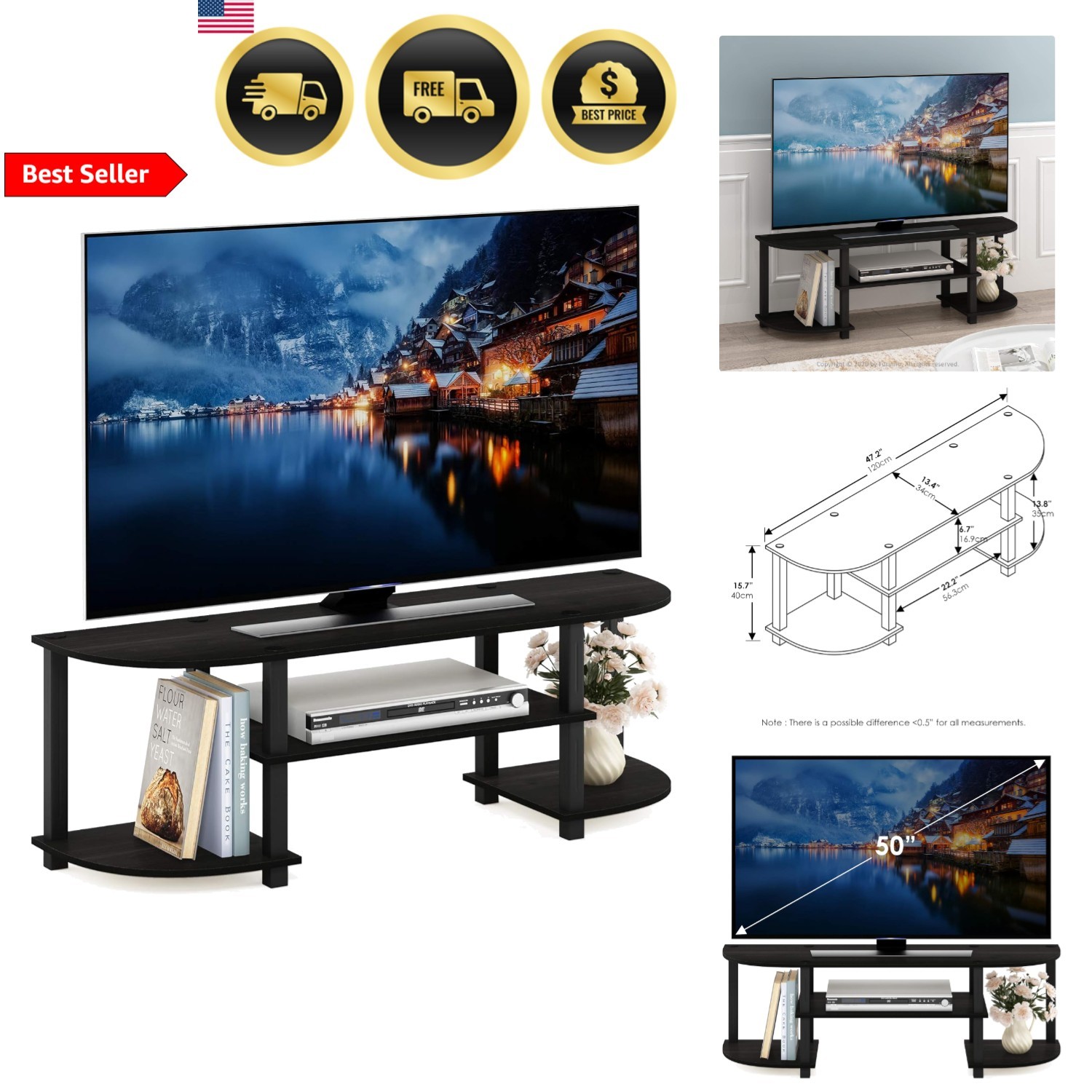 Wide TV Entertainment Center 4-Tiers Storage Organizer With 