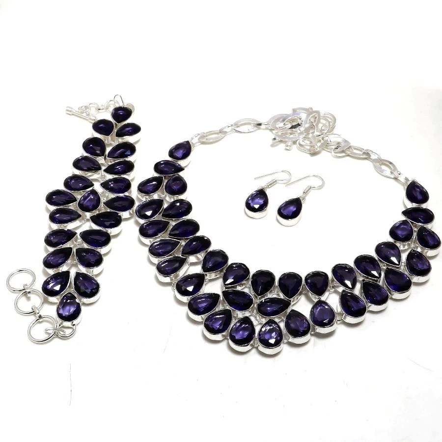 Faceted African Amethyst Pear Shape Gemstone Fashion Ethnic Necklace Jewelry Set - Image 3 of 4