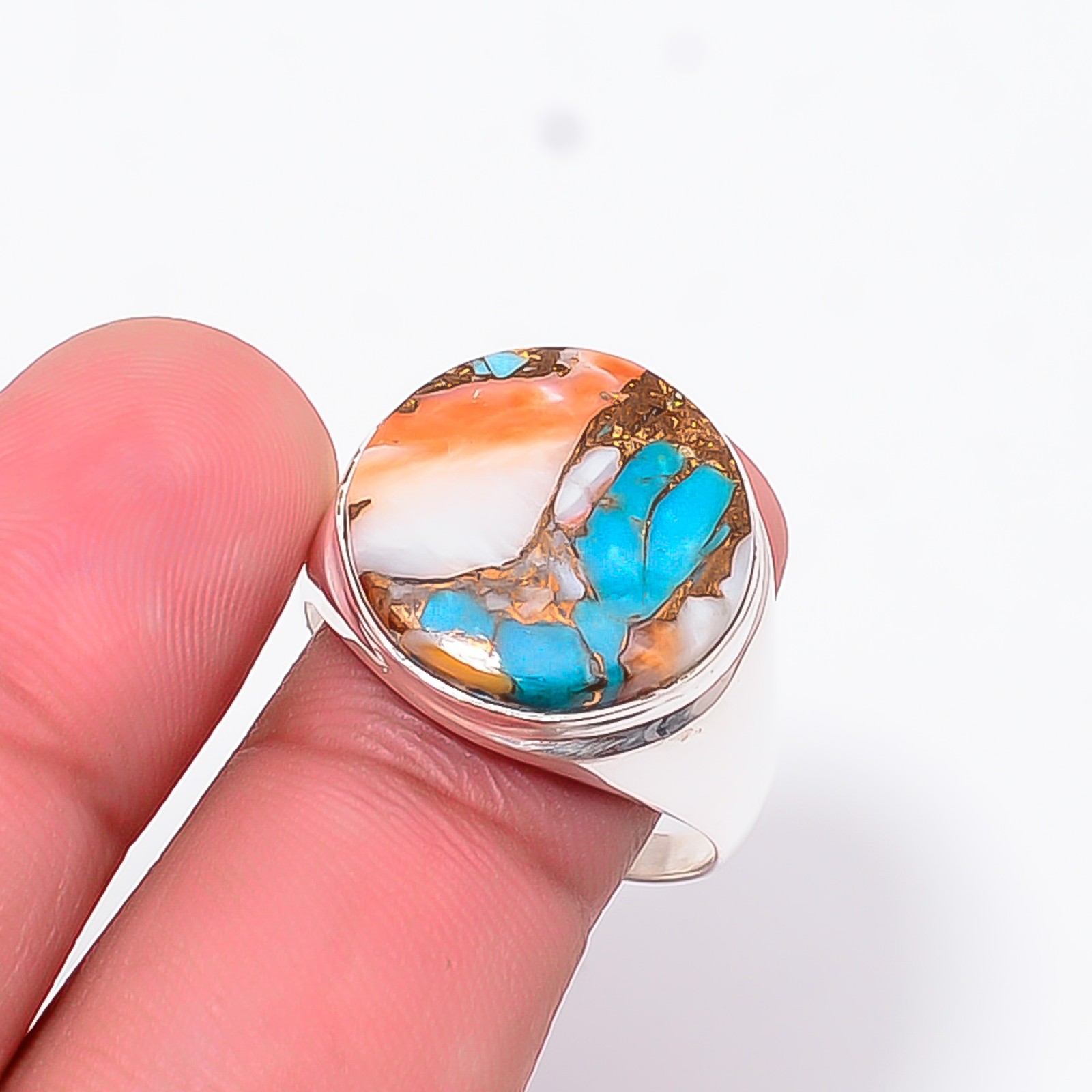 Copper Spiny Oyster Arizona Turquoise 925 Sterling Silver Ring S.10 R126716
