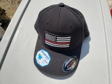 American Flag Thin Red Line Embroidered Flexfit Fitted Black Ball Cap NEW