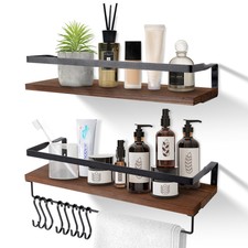 2 Pack Floating Shelf with Towel Bar  Metal Hooks, Wall Mount Storage Display