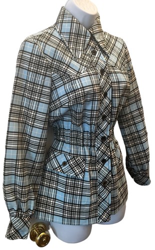 Vintage 1970s Bonwit Teller Groovy Plaid Blouse Point Collar Cinch Waist - Picture 2 of 12