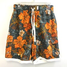 STIG Surf Gear Mens Swim Trunks S 28-30 Gray Orange Hawaiian Flowers NWT