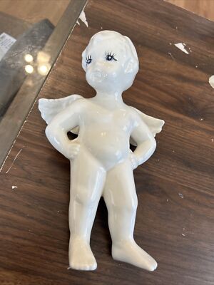 Glossy White Ceramic Angel Child Boy Sign Carolyn 1997