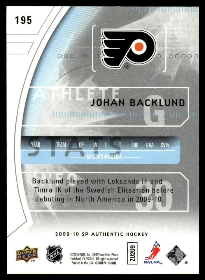 2009-10 SP Authentic Johan Backlund Rookie 110/999 Philadelphia Flyers #195 - Image 2 of 2