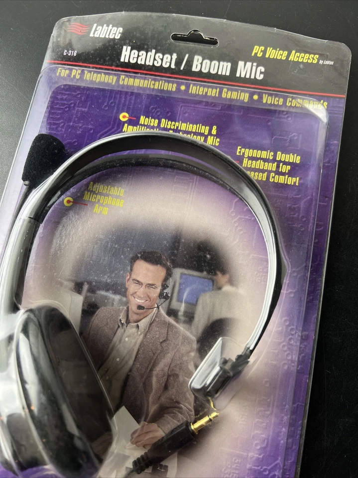 Labtec C-316 Black Headband Headsets w/ Boom Microphone PC Voice Access NEW NOS - Image 2 of 4