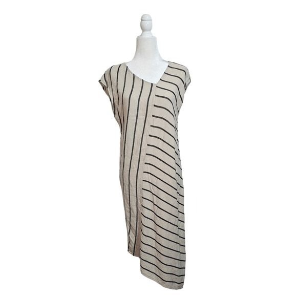 For Cynthia asymmetrical beige black stripes sleeveless linen blend dress  small
