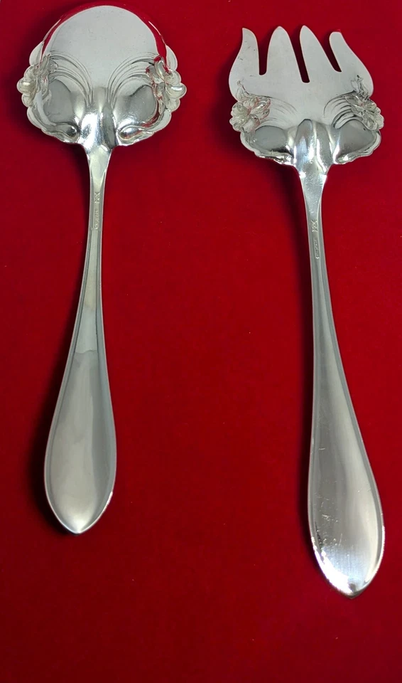 Antiguo lirio floral Frank Whiting de plata esterlina de 2 piezas, cuchara y tenedor para servir ensaladas Foto 4 de 4