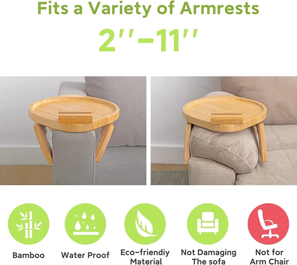 Bamboo Sofa Tray Table Clip on Side Table Couch Arm with 360° Rotating Phone Hol - Image 3 of 4