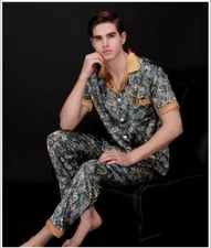 SILKPEACE 2nd Item FREE SHIP Men Silk Satin Pajamas Set Long Pants Short Sleeve