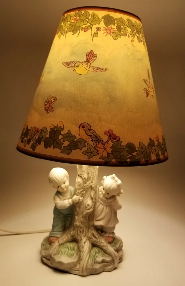 Vintage Childrens Lamp. Boy girl standing around tree. Shye