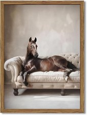Framed Funny Horse Canvas Wall Art, Vintage Western Brown Horse On Sofa Pictures