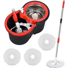 360° Spin Mop and Bucket Set with Stainless Steel Wringer, 3 Microfiber Heads, 6
