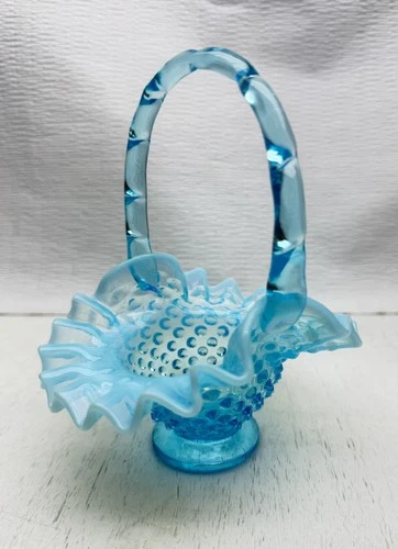 Fenton Blue Opalescent Hobnail Basket Small Blue Bamboo Handle 6” Tall Vintage