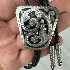 Vintage Tooled Alpaca Silver Abalone Inlay Bolo Tie Southwestern
