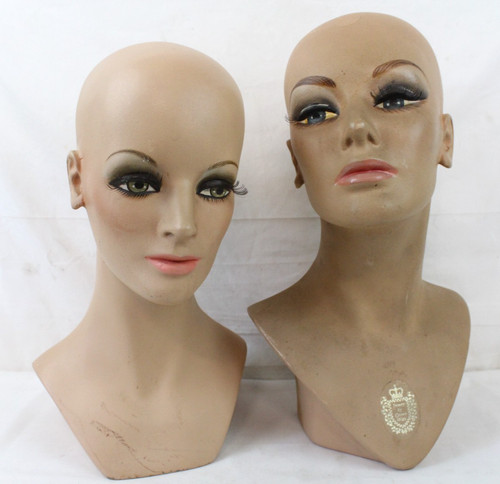 2 Vintage Fiberglass Mannequin Head Wig Painted Eyes Halloween Bust White